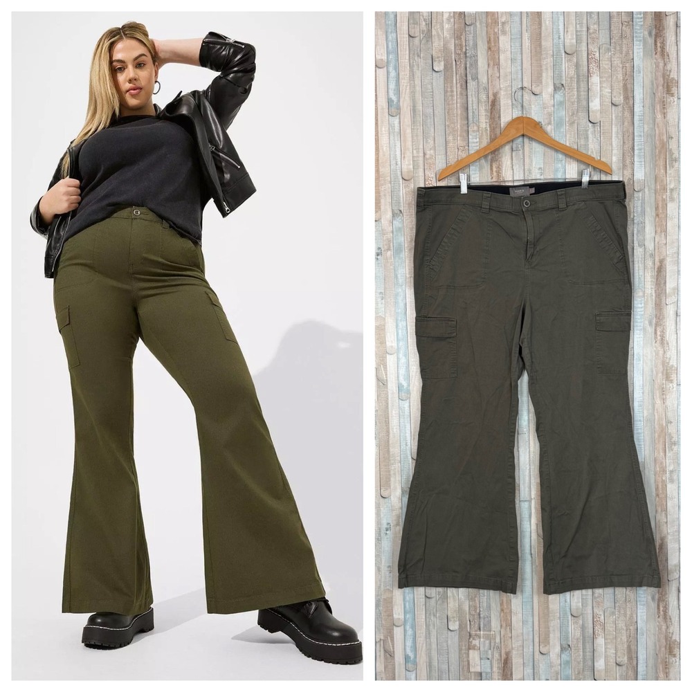 Torrid 20 20R Cargo Pants Olive Green High Rise A-Line Flare Twill Wide Leg